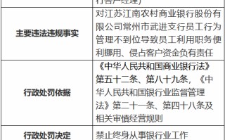 江苏江南农村商业银行员工利用职务便利挪用、侵占客户资金 一时任客户经理被终身禁业