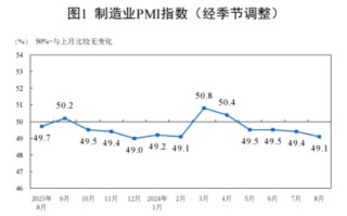 统计局：中国8月官方制造业PMI为49.1% 比上月下降0.3个百分点