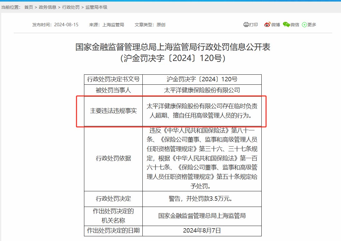 未经审批擅自任用高管人员 太平洋健康险及现任总经理双双收罚单 处罚理由却是“时任”-第1张图片-十堰马讯电脑