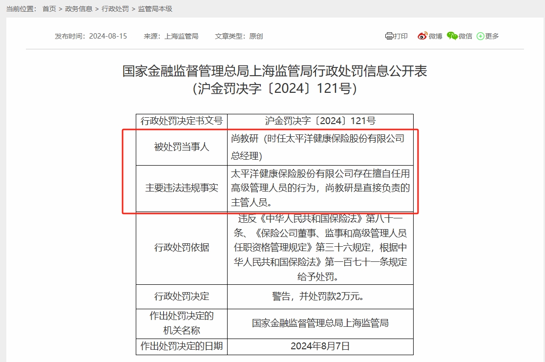 未经审批擅自任用高管人员 太平洋健康险及现任总经理双双收罚单 处罚理由却是“时任”-第2张图片-十堰马讯电脑