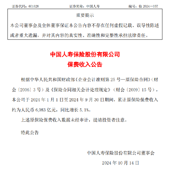 中国人寿：前三季度原保险保费收入同比增长5.1%-第1张图片-十堰马讯电脑