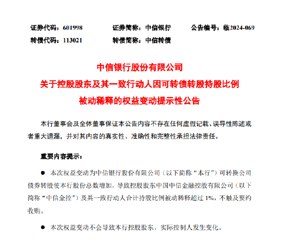 中信银行：控股股东及其一致行动人因可转债转股持股比例被动稀释超1%-第1张图片-十堰马讯电脑